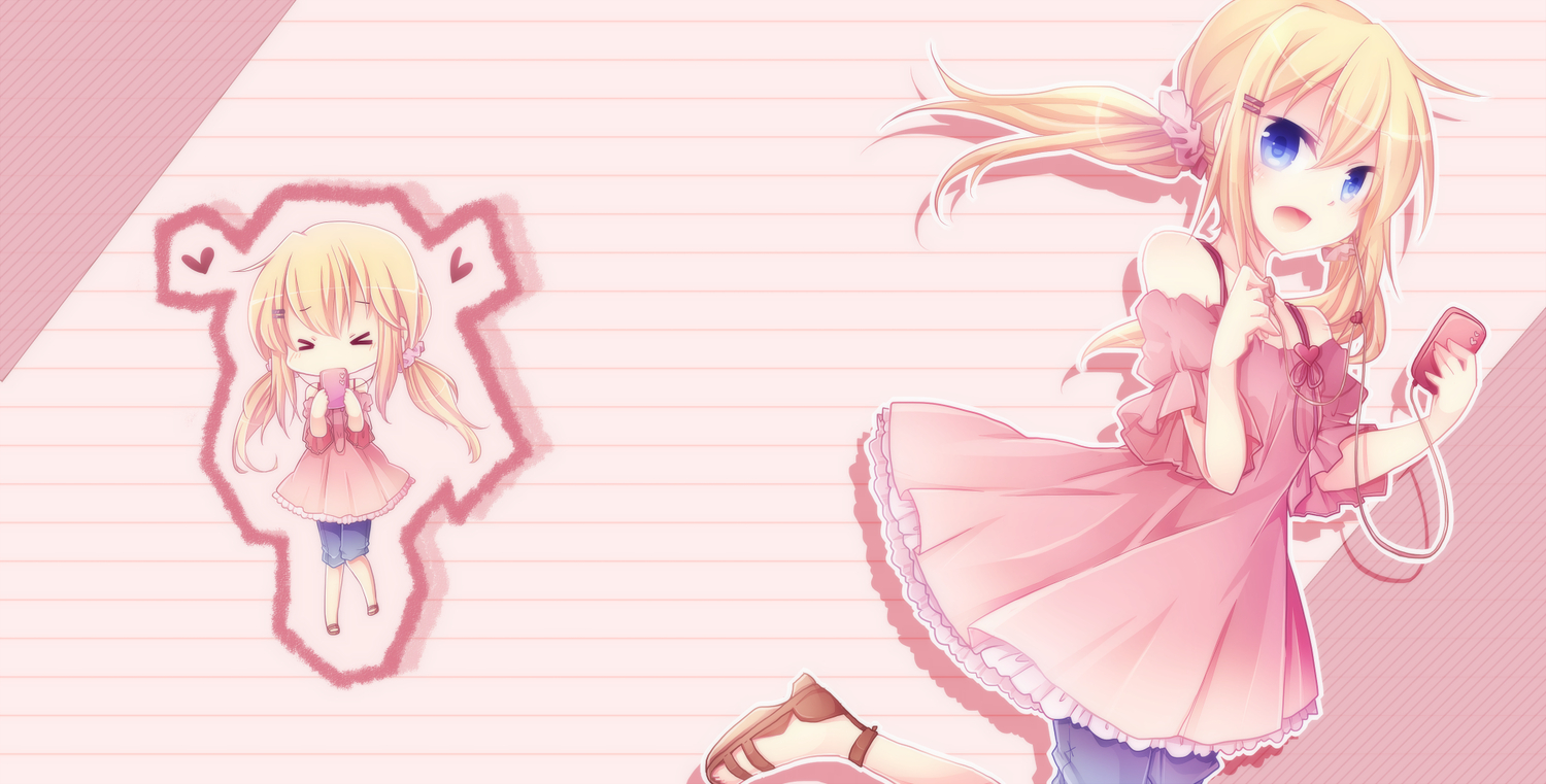 blonde_hair, blue_eyes, blush, chibi, kurosu_rino, long_hair, original, phone