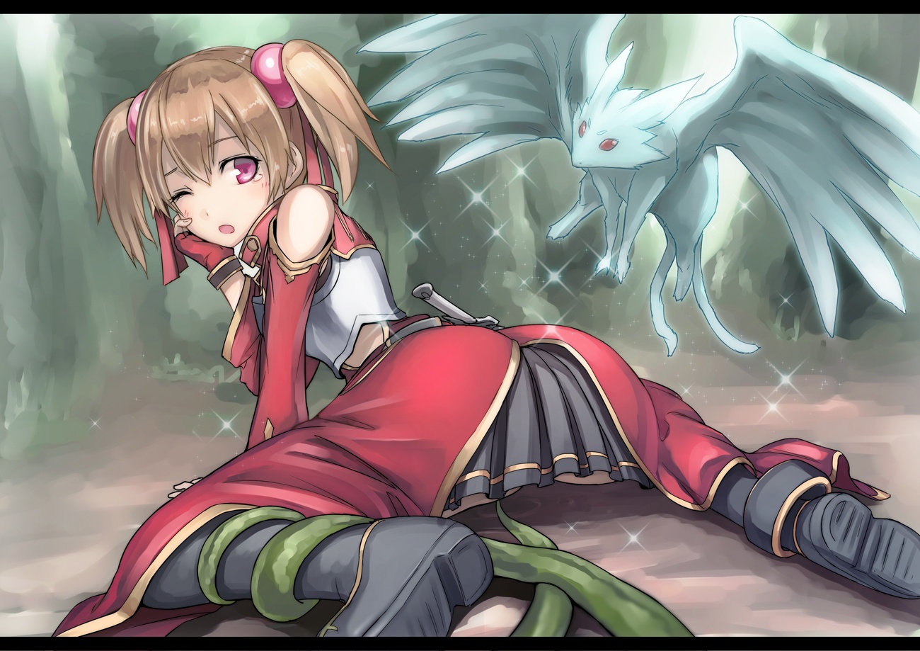animal, ayano_keiko, blush, brown_hair, gloves, red_eyes, sword, sword_art_online, tea_(nakenashi), tentacles, thighhighs, twintails, weapon, wings, wink