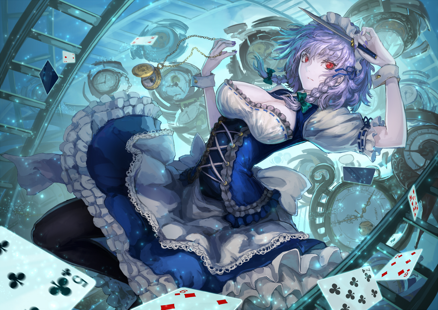 braids, breasts, cleavage, dress, hat, izayoi_sakuya, knife, maid, pantyhose, purple_hair, red_eyes, ryuuzaki_ichi, touhou, weapon