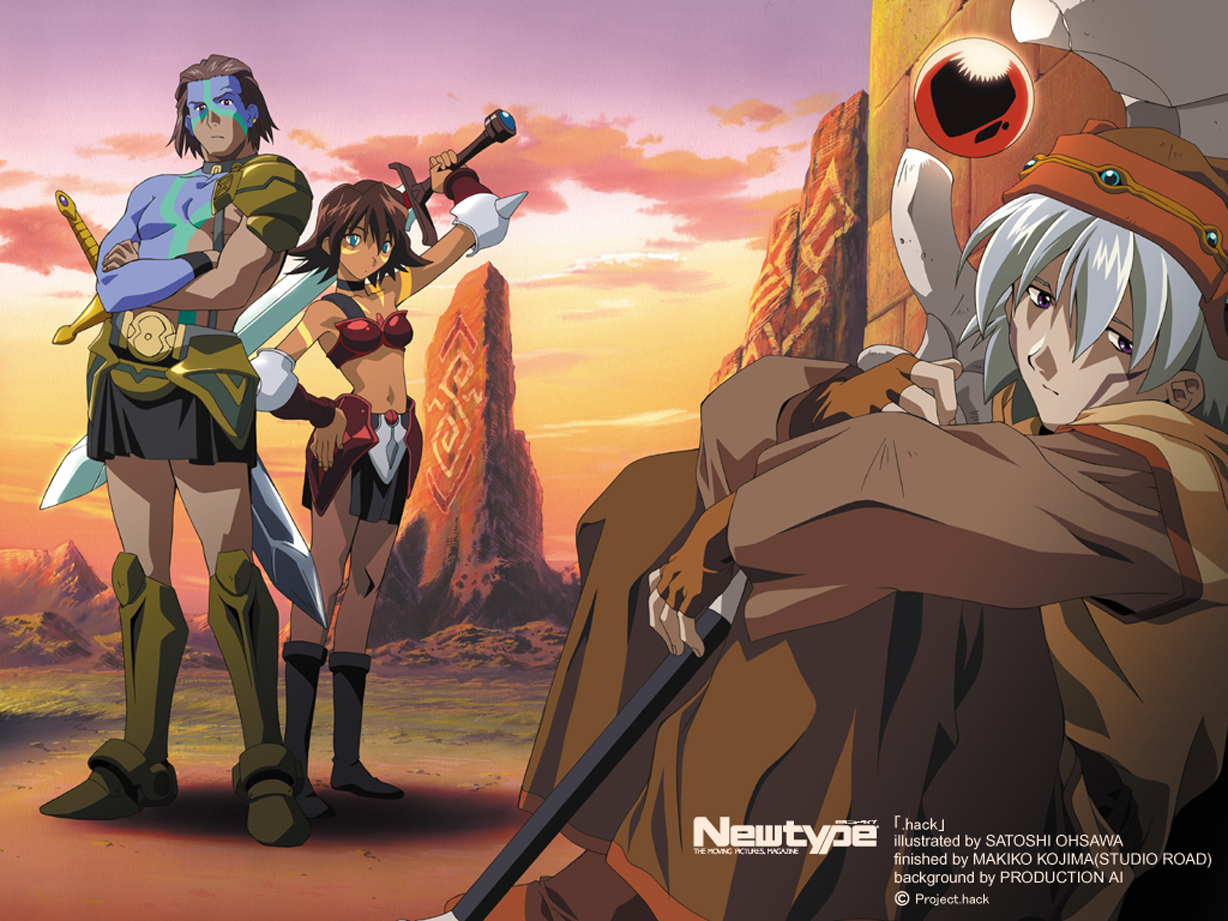 armor, bear_(.hack//), blue_eyes, boots, brown_eyes, brown_hair, clouds, collar, gloves, gray_hair, group, .hack//, .hack//sign, male, mimiru, short_hair, skirt, sky, sword, tattoo, tsukasa, weapon