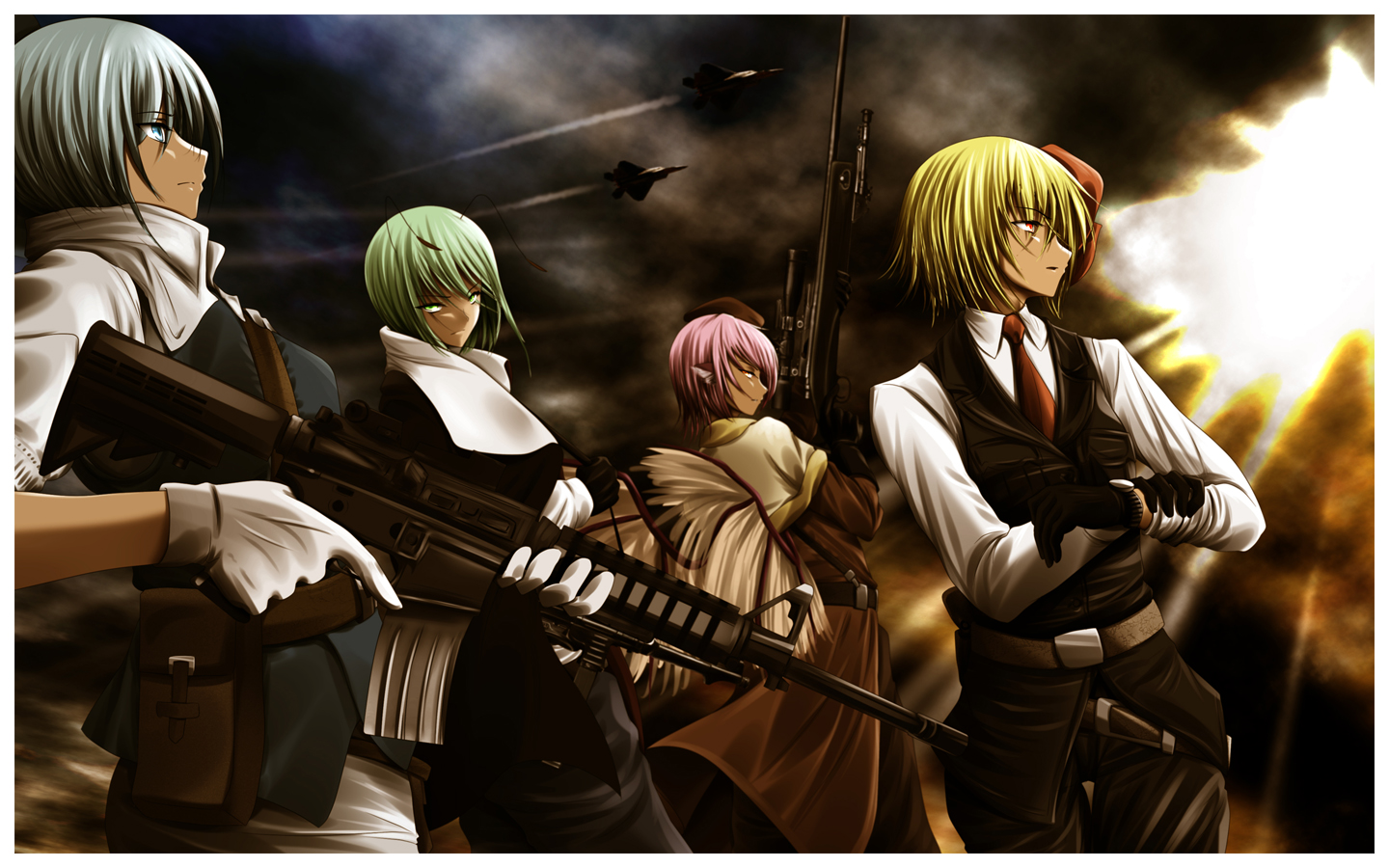aircraft, blonde_hair, cirno, gloves, gray_hair, green_hair, group, growingnoob