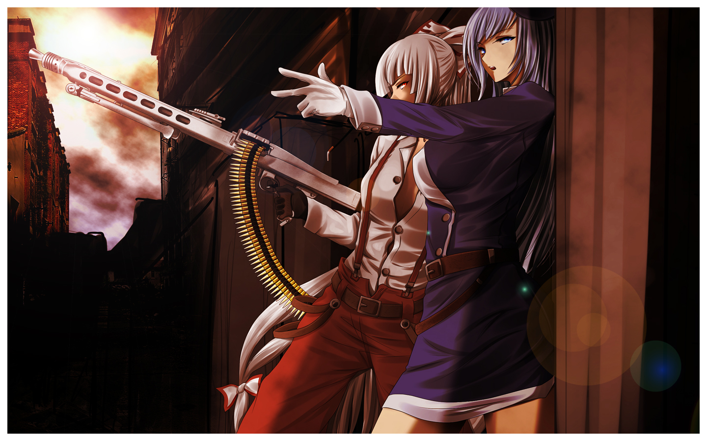 2girls, fujiwara_no_mokou, gloves, growingnoob, gun, kamishirasawa_keine, touhou, uniform, weapon