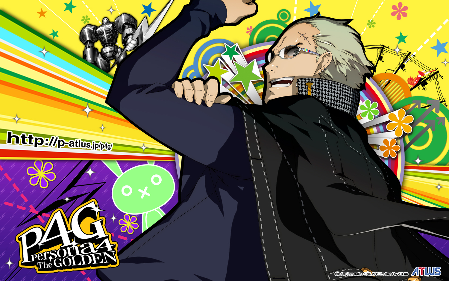 glasses, gray_eyes, gray_hair, persona, persona_4, scar, short_hair, soejima_shigenori, take-mikazuchi, tatsumi_kanji, watermark