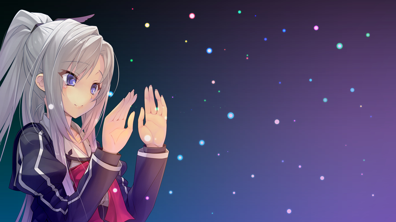 blue_eyes, blush, bow, game_cg, gray_hair, long_hair, mibu_tsubaki, school_uniform, tokeijikake_no_ley_line, urabi_(tomatohouse)