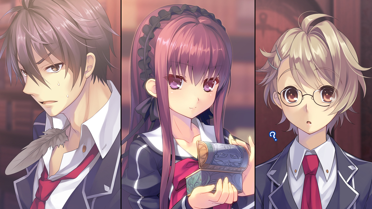 black_hair, blonde_hair, book, bow, brown_eyes, feathers, game_cg, glasses