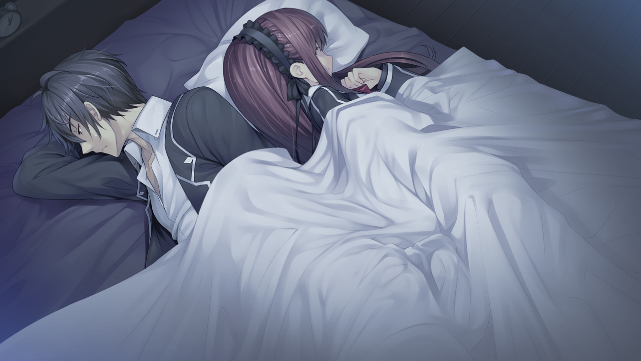 bed, black_hair, game_cg, goka_michiru, long_hair, male, night, ribbons