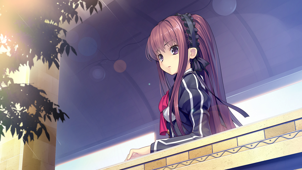 bow, game_cg, headband, long_hair, purple_eyes, ribbons, school_uniform, shishigatani_ushio