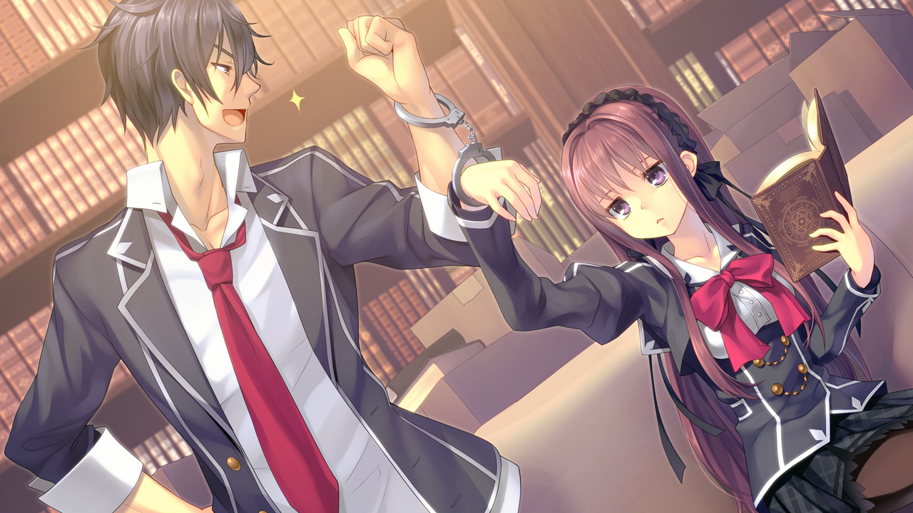 black_hair, book, bow, game_cg, goka_michiru, headband, male, pantyhose, purple_eyes, ribbons, school_uniform, shackles, shishigatani_ushio, tokeijikake_no_ley_line, urabi_(tomatohouse), yellow_eyes