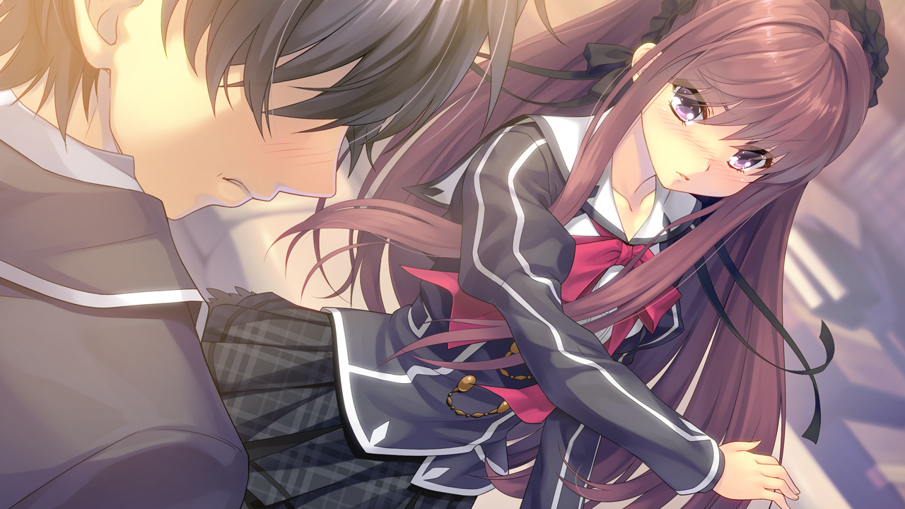 black_hair, blush, bow, game_cg, goka_michiru, long_hair, male, purple_eyes