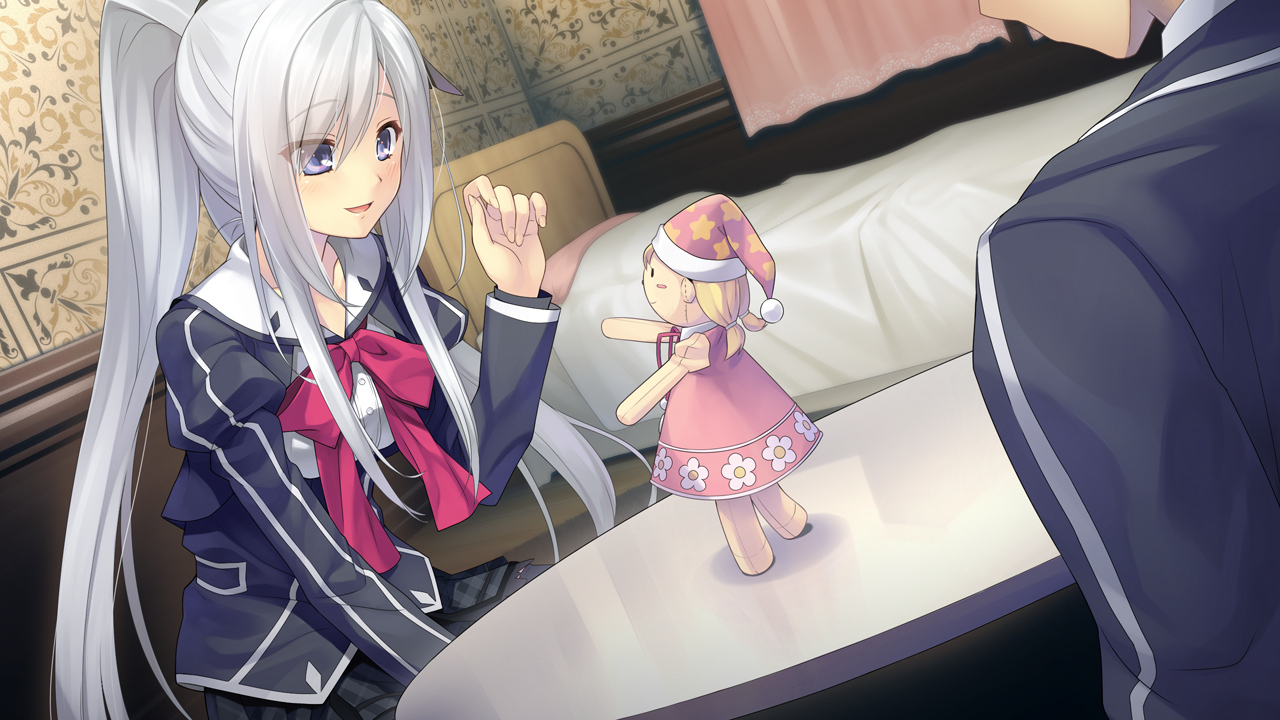 bed, blue_eyes, blush, doll, dress, game_cg, goka_michiru, gray_hair