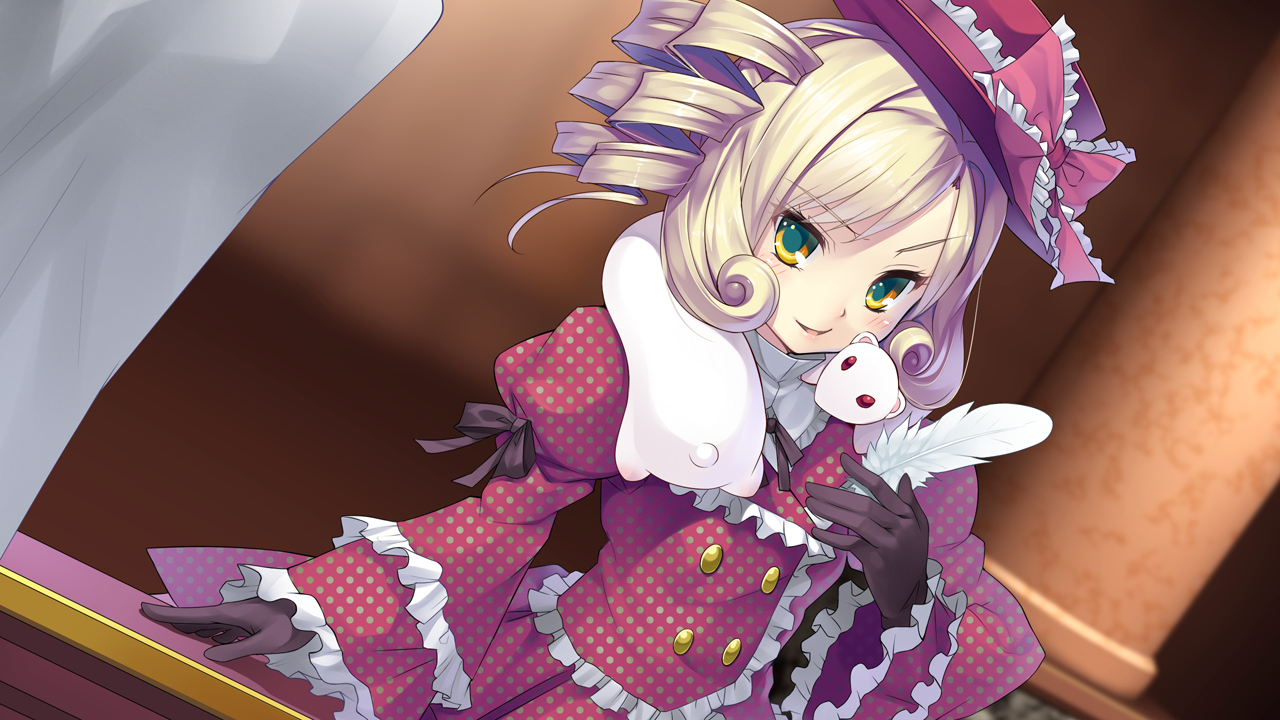 animal, blonde_hair, blush, bow, dress, feathers, game_cg, gloves