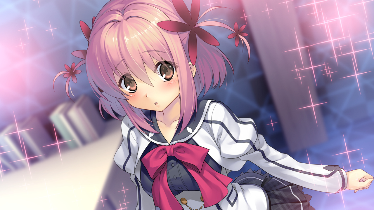 blush, book, bow, brown_eyes, furoyamachi_neko, game_cg, pink_hair, school_uniform