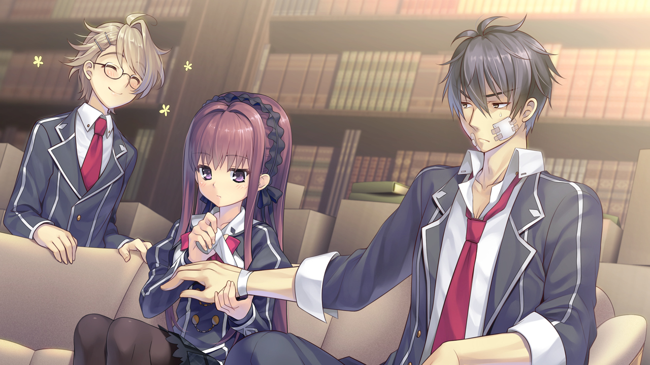 black_hair, blonde_hair, blush, book, game_cg, glasses, goka_michiru, headband