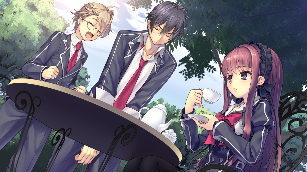 black_hair, blonde_hair, blush, clouds, game_cg, glasses, goka_michiru, headband
