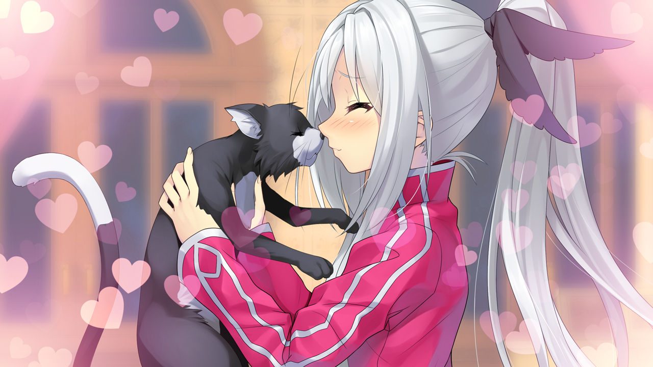 animal, blush, cat, game_cg, gray_hair, long_hair, mibu_tsubaki, ponytail, tokeijikake_no_ley_line, urabi_(tomatohouse)