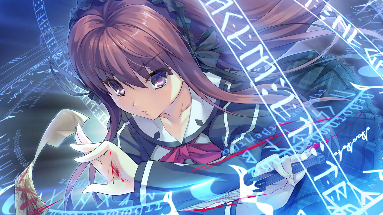 blood, brown_hair, game_cg, headdress, knife, long_hair, magic, purple_eyes, ribbons, school_uniform, shishigatani_ushio, skirt, tokeijikake_no_ley_line, urabi_(tomatohouse), weapon