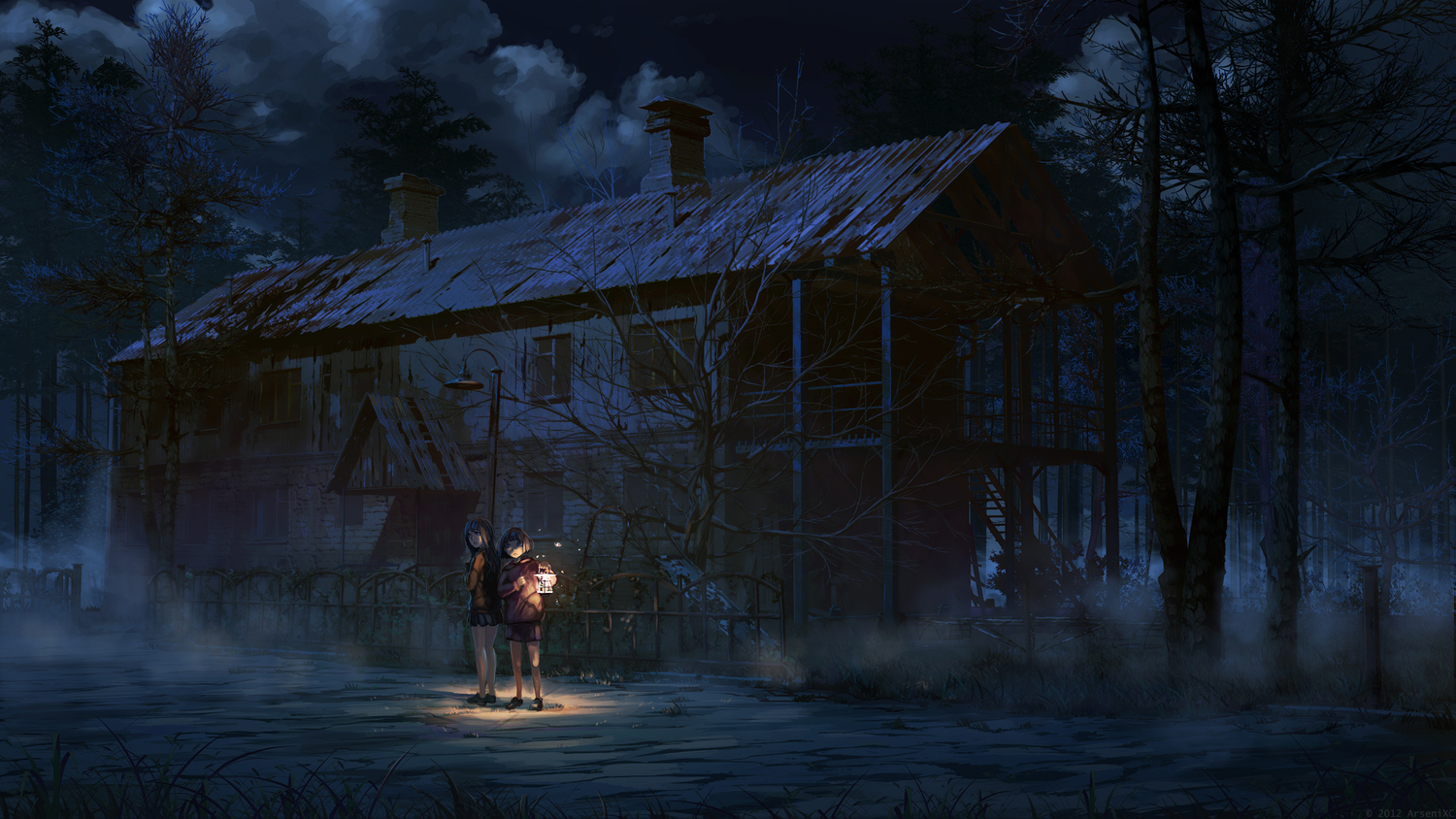 2girls, arsenixc, blue_eyes, brown_hair, building, clouds, everlasting_summer, long_hair, night, ruins, short_hair, skirt, sky, tree