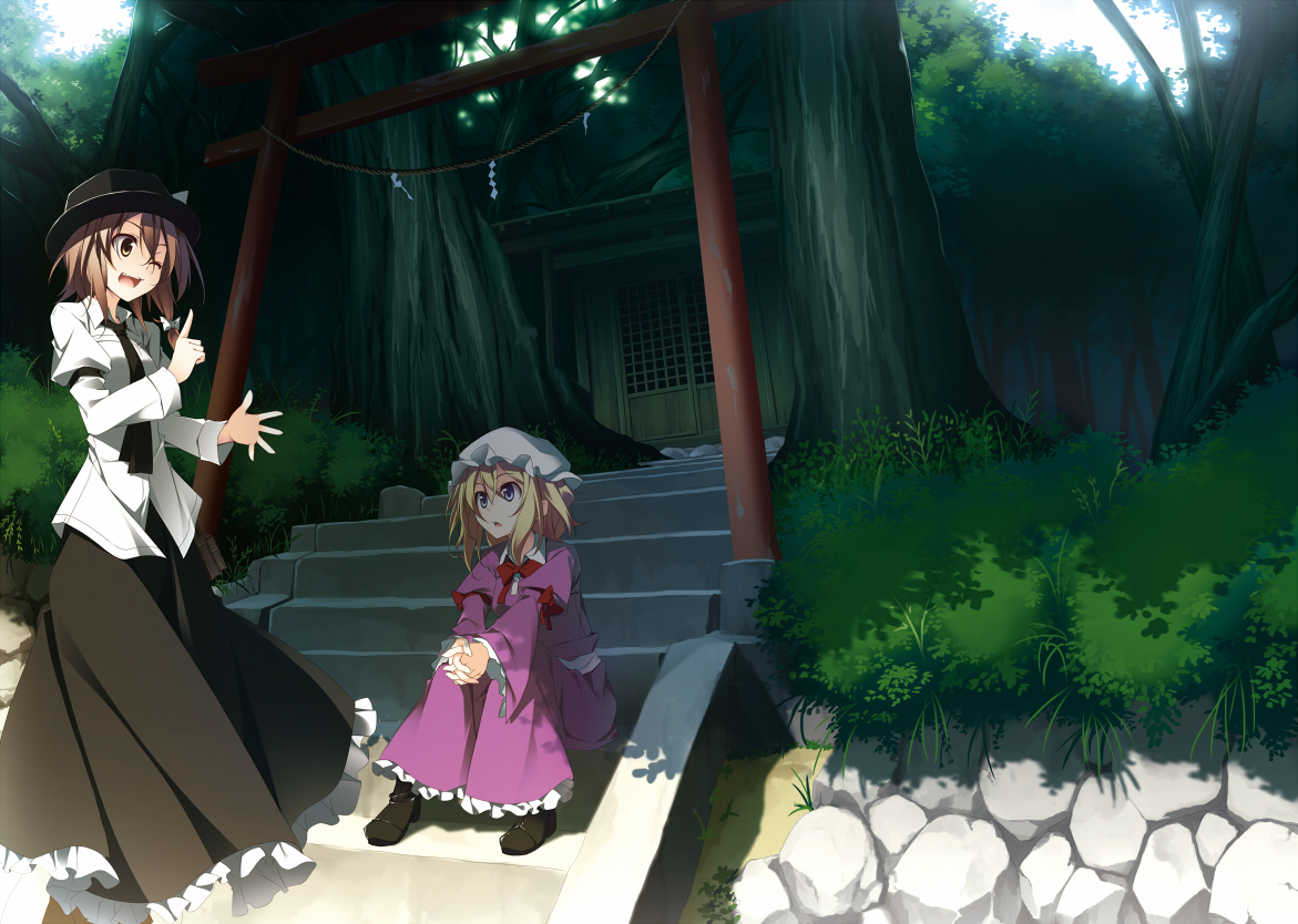 2girls, blonde_hair, blue_eyes, bow, brown_hair, hat, maribel_han, matsuyama_nozomu