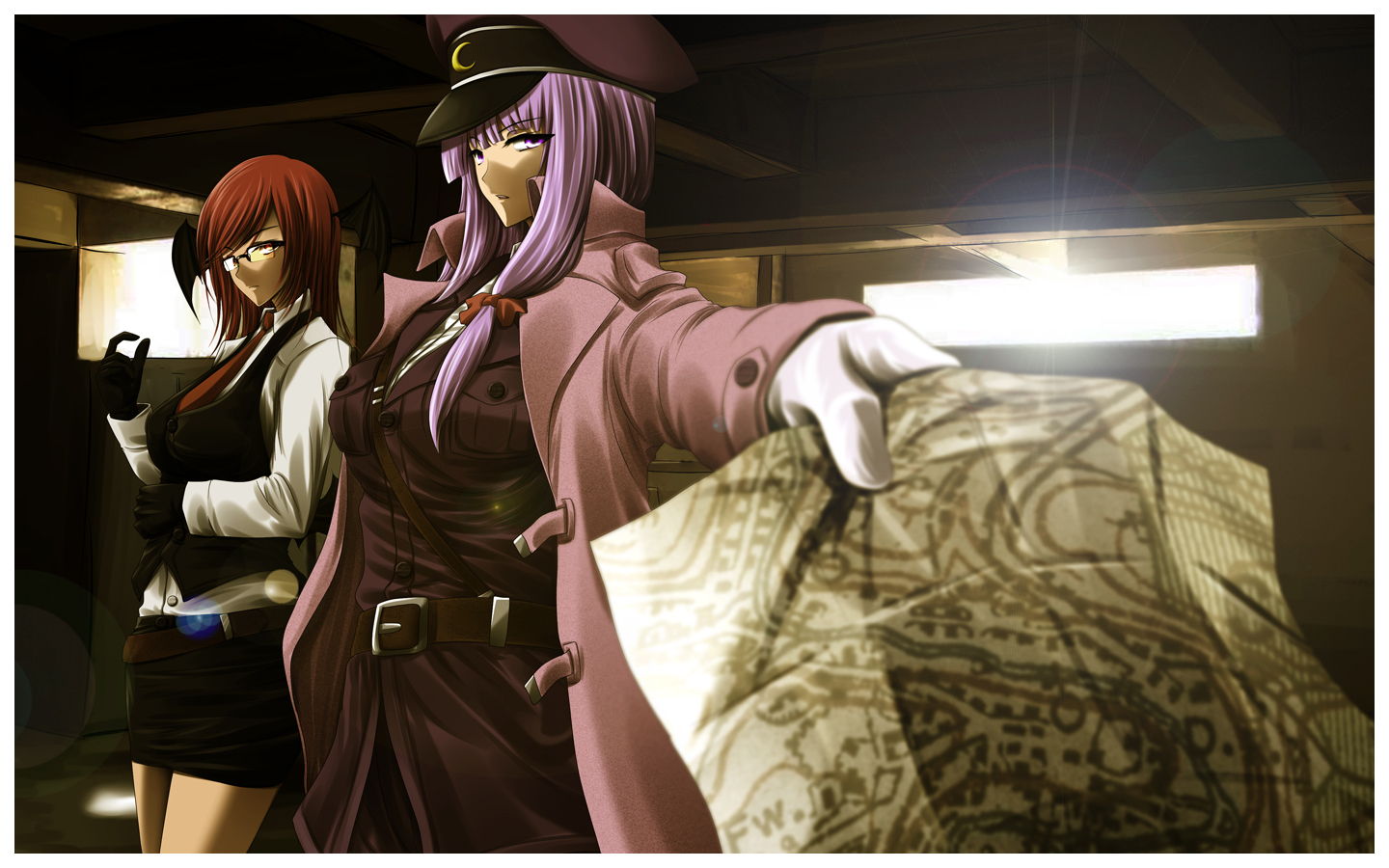 2girls, demon, glasses, gloves, growingnoob, koakuma, long_hair, patchouli_knowledge, purple_eyes, purple_hair, red_eyes, red_hair, tie, touhou, uniform