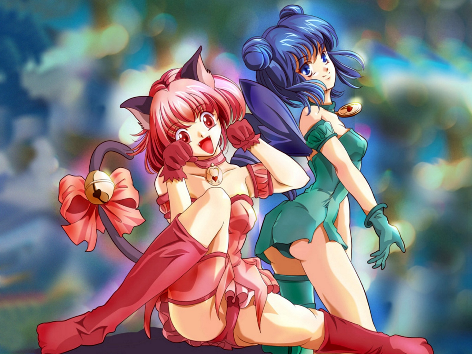 2girls, animal_ears, bell, blue_eyes, blue_hair, bow, catgirl, dress