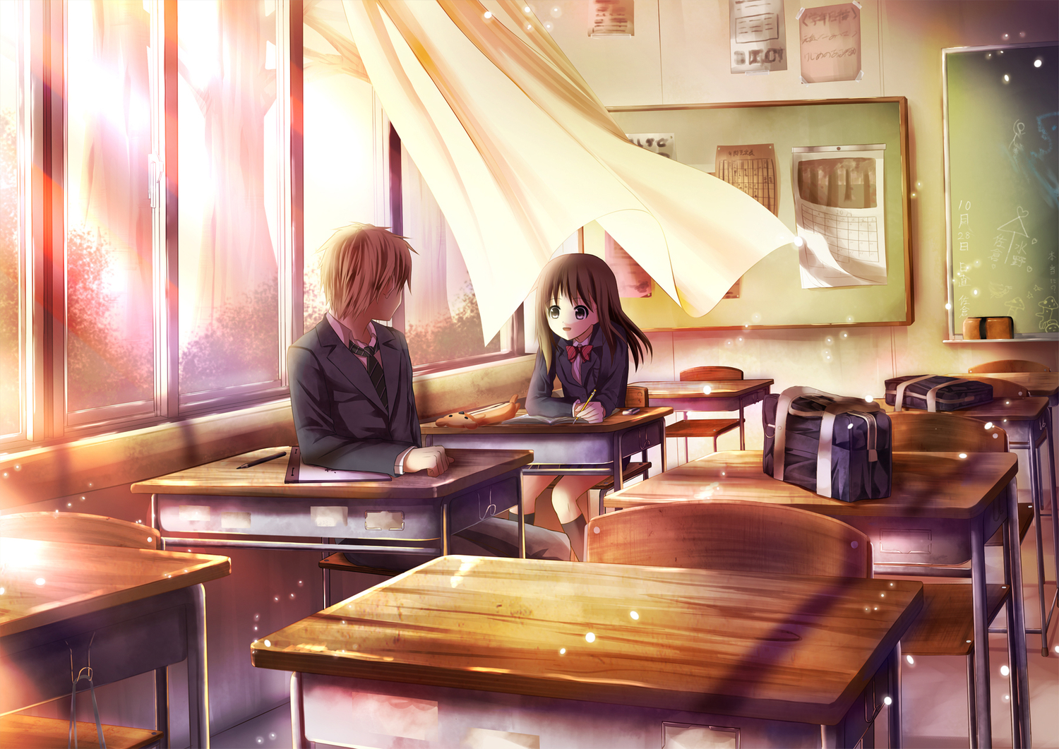 blonde_hair, brown_eyes, brown_hair, lark, long_hair, original, school_uniform, short_hair