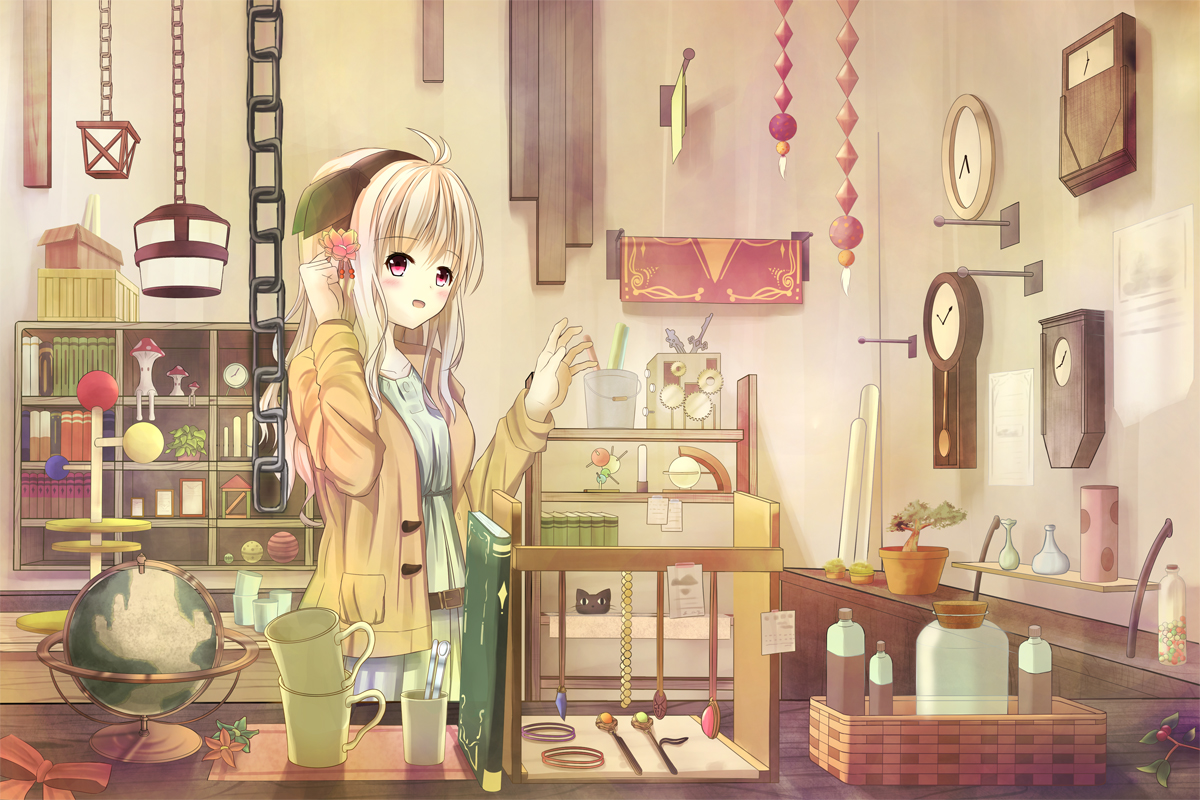 blonde_hair, book, chain, flowers, headband, lark, long_hair, original