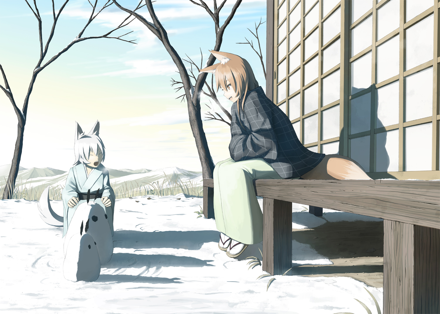 animal_ears, brown_hair, foxgirl, gray_hair, japanese_clothes, original, sakais3211, snow