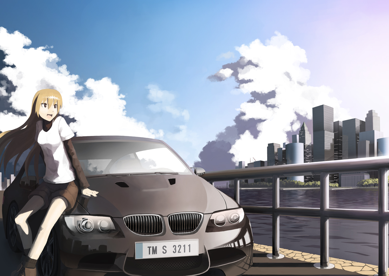 blonde_hair, brown_eyes, building, car, city, clouds, long_hair, original