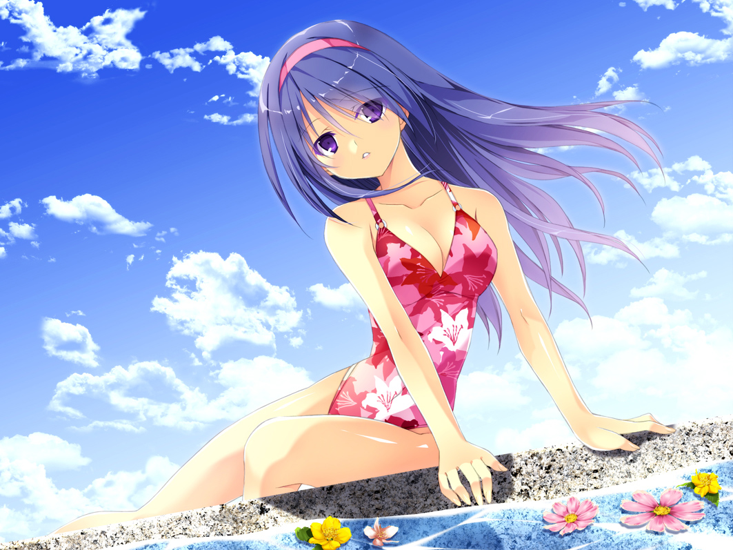 breasts, cleavage, flowers, headband, kobayashi_chisato, long_hair, original, purple_eyes