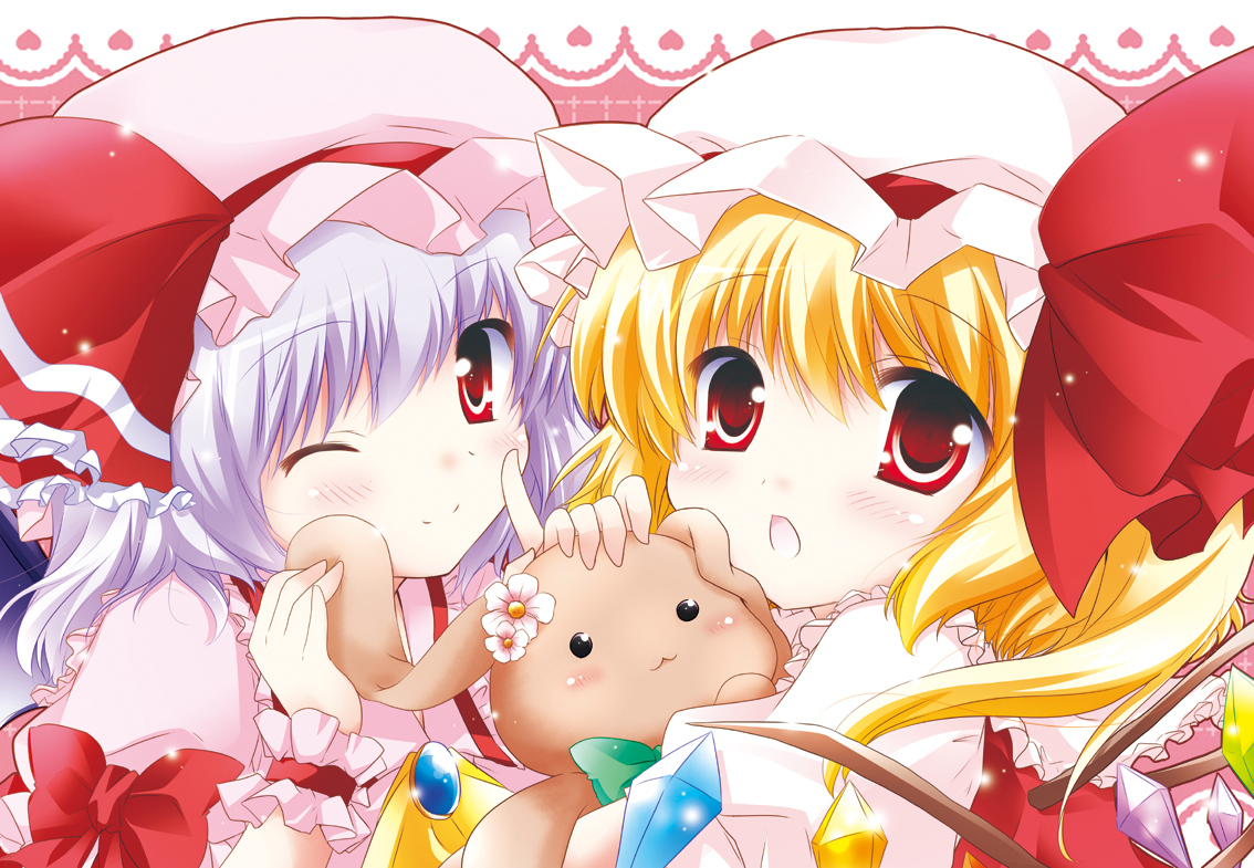 2girls, animal, blonde_hair, blush, bow, bunny, cat_smile, close