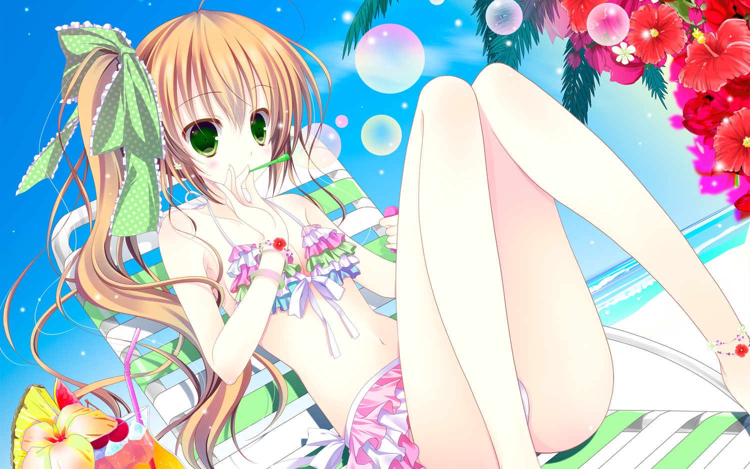 beach, bikini, brown_hair, bubbles, original, shirogane_hina, swimsuit