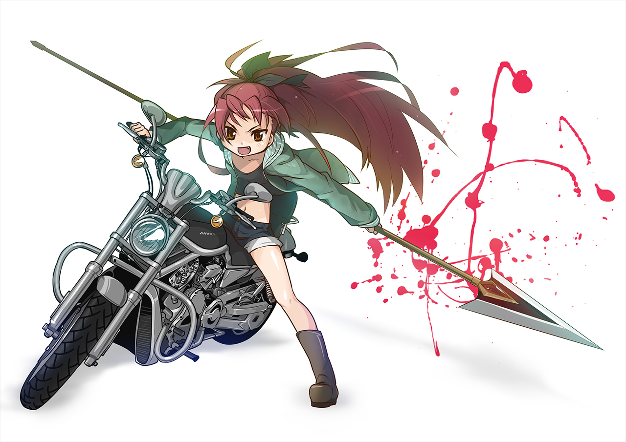 kuro_chairo_no_neko, long_hair, mahou_shoujo_madoka_magica, motorcycle, red_hair, sakura_kyouko, shorts, spear