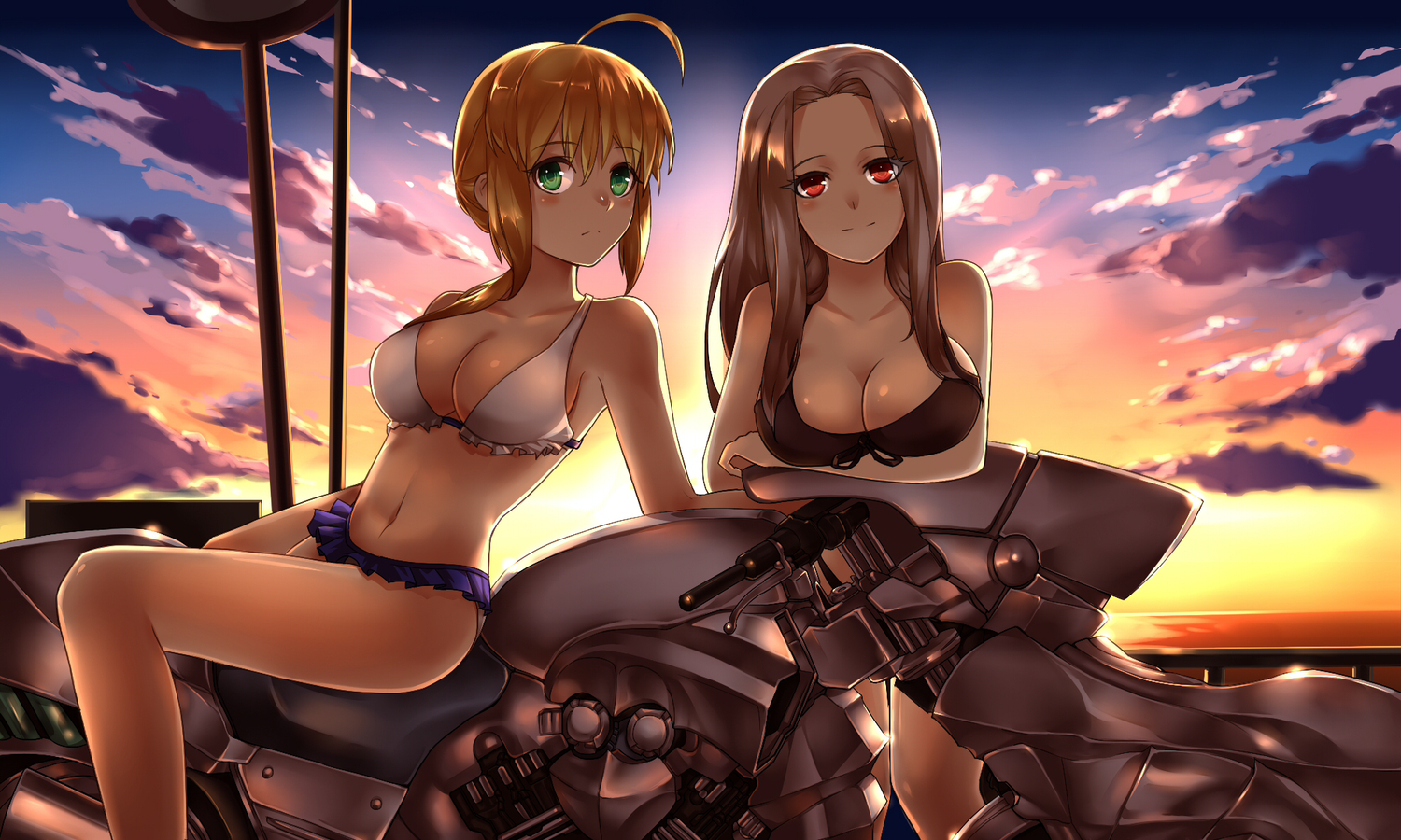 2girls, artoria_pendragon_(all), bikini, blonde_hair, blush, breasts, cleavage, fate_(series), fate/stay_night, fate/zero, gray_hair, green_eyes, irisviel_von_einzbern, long_hair, motorcycle, red_eyes, saber, short_hair, sunset, swimsuit, vlan