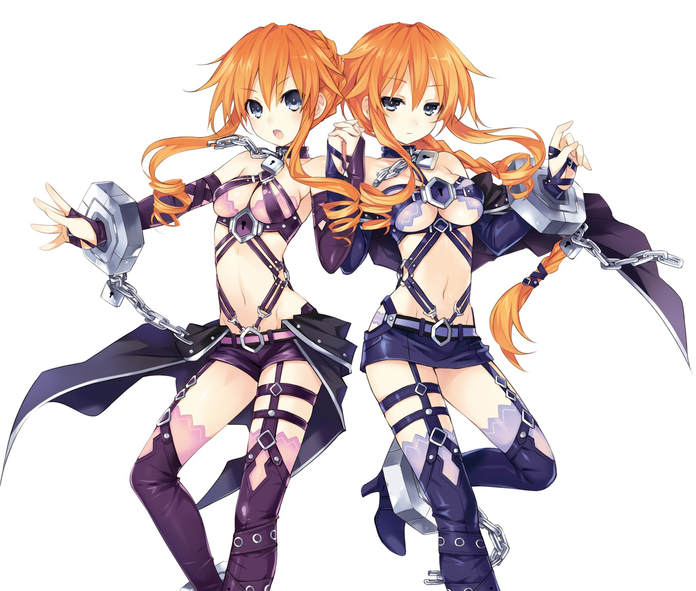 2girls, blue_eyes, breasts, cape, chain, cleavage, collar, date_a_live, orange_hair, ponytail, shackles, shorts, thighhighs, tsunako, twins, white, yamai_kaguya, yamai_yuzuru