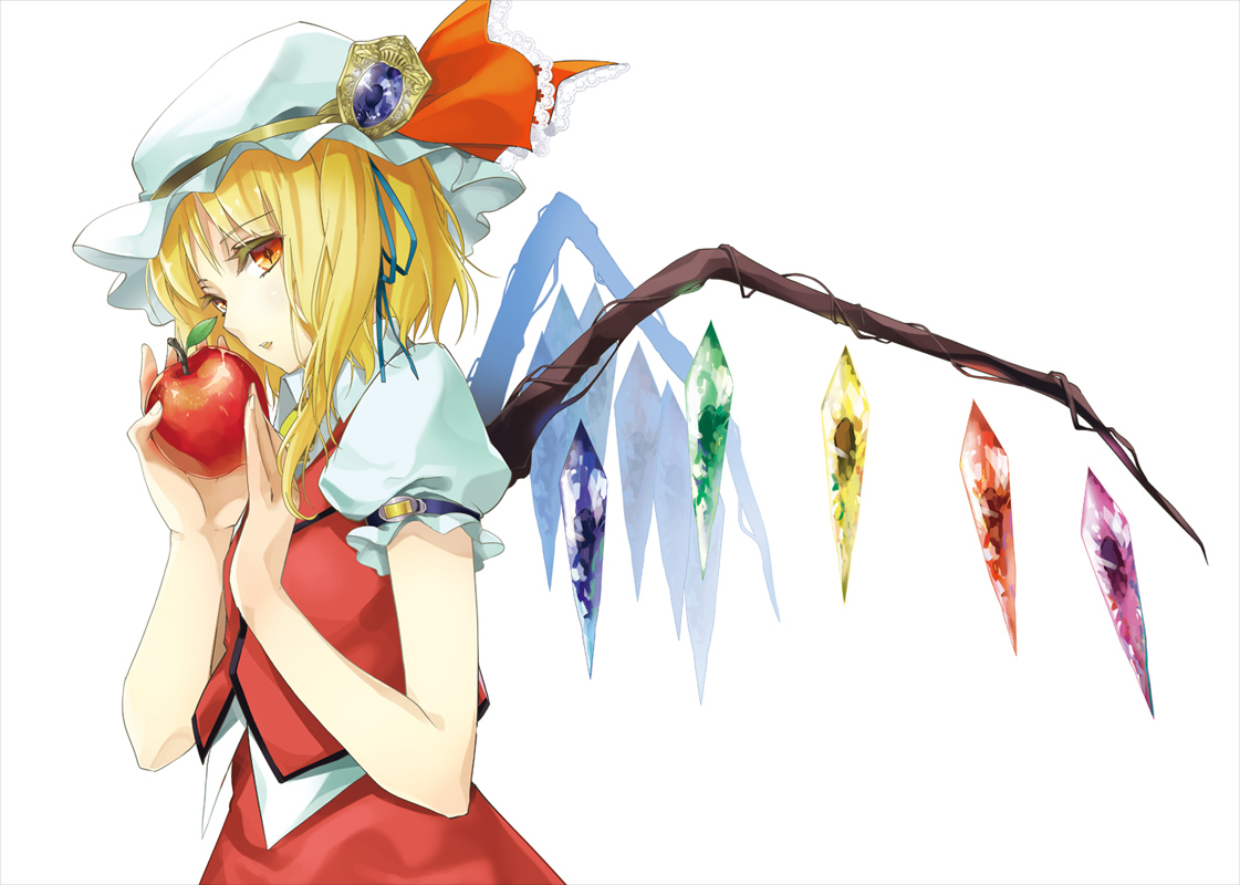 apple, blonde_hair, flandre_scarlet, food, fruit, hat, orange_eyes, touhou