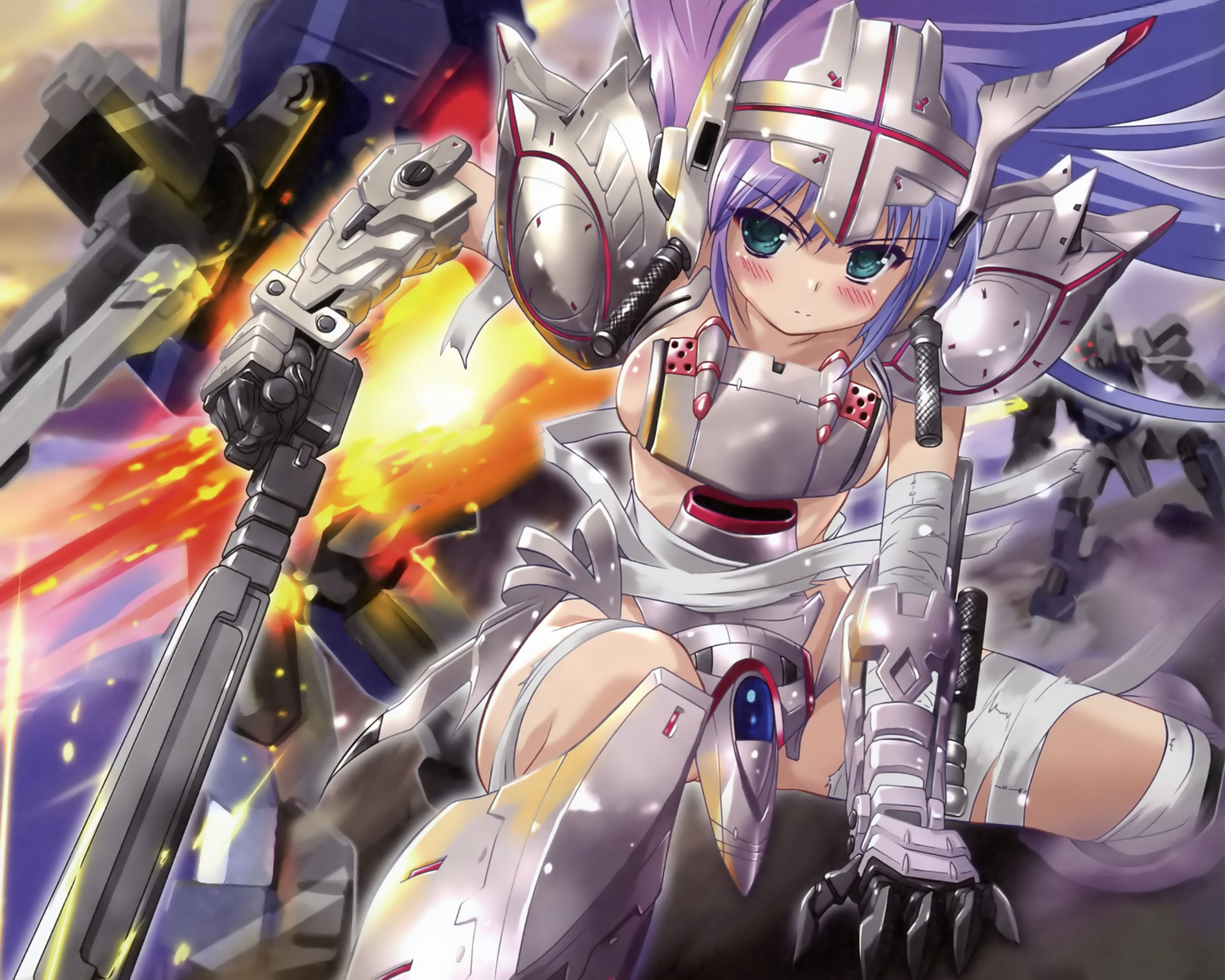 bandage, cropped, komatsu_eiji, mechagirl, original, purple_hair, weapon