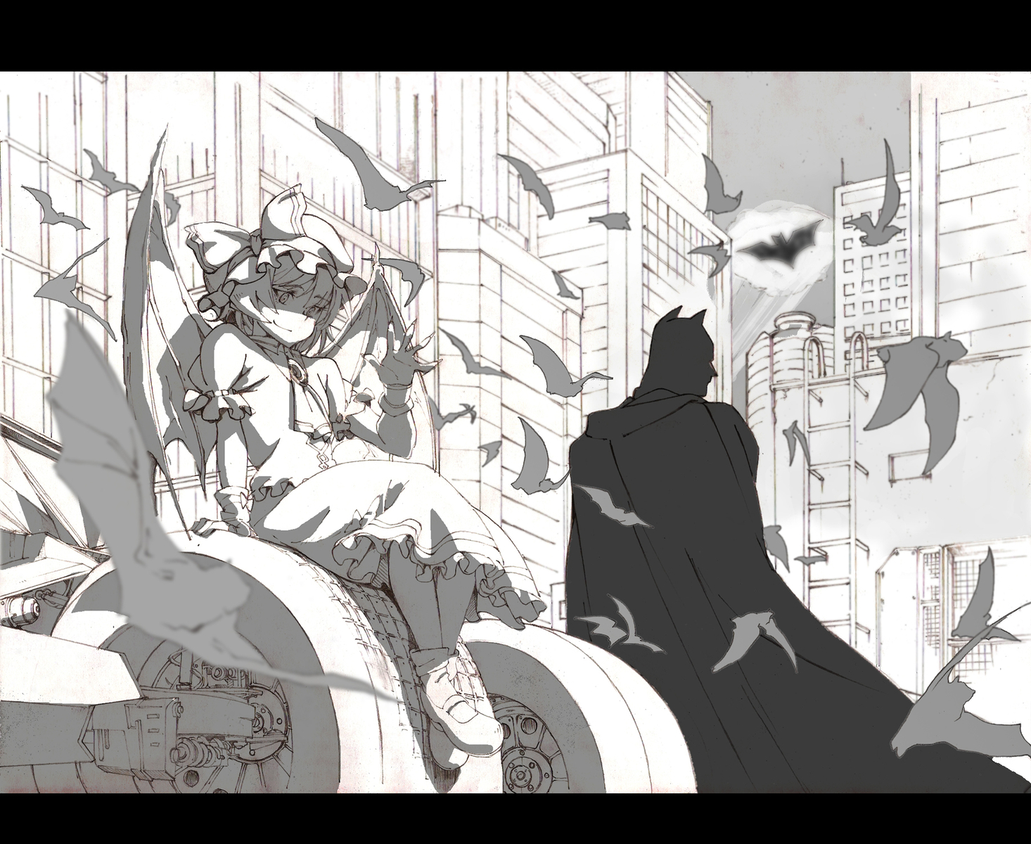 animal, bat, batman, batman_(series), crossover, hat, monochrome, mtmy, remilia_scarlet, touhou, vampire, wings