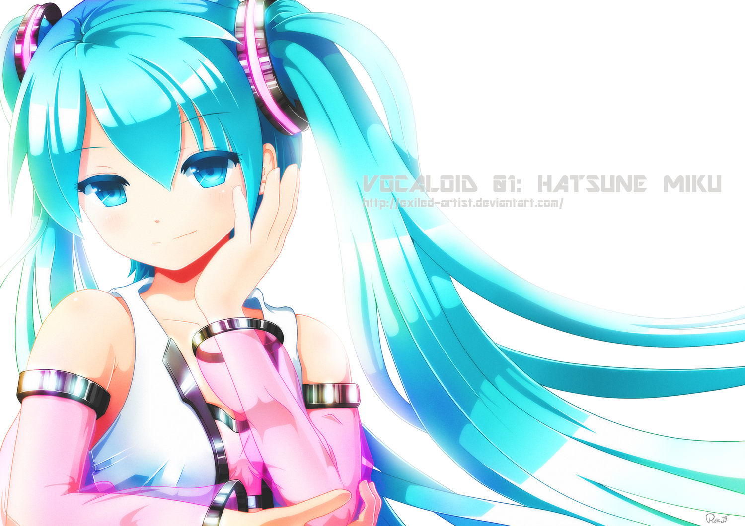 aqua_eyes, aqua_hair, exiled-artist, hatsune_miku, signed, twintails, vocaloid, watermark, white