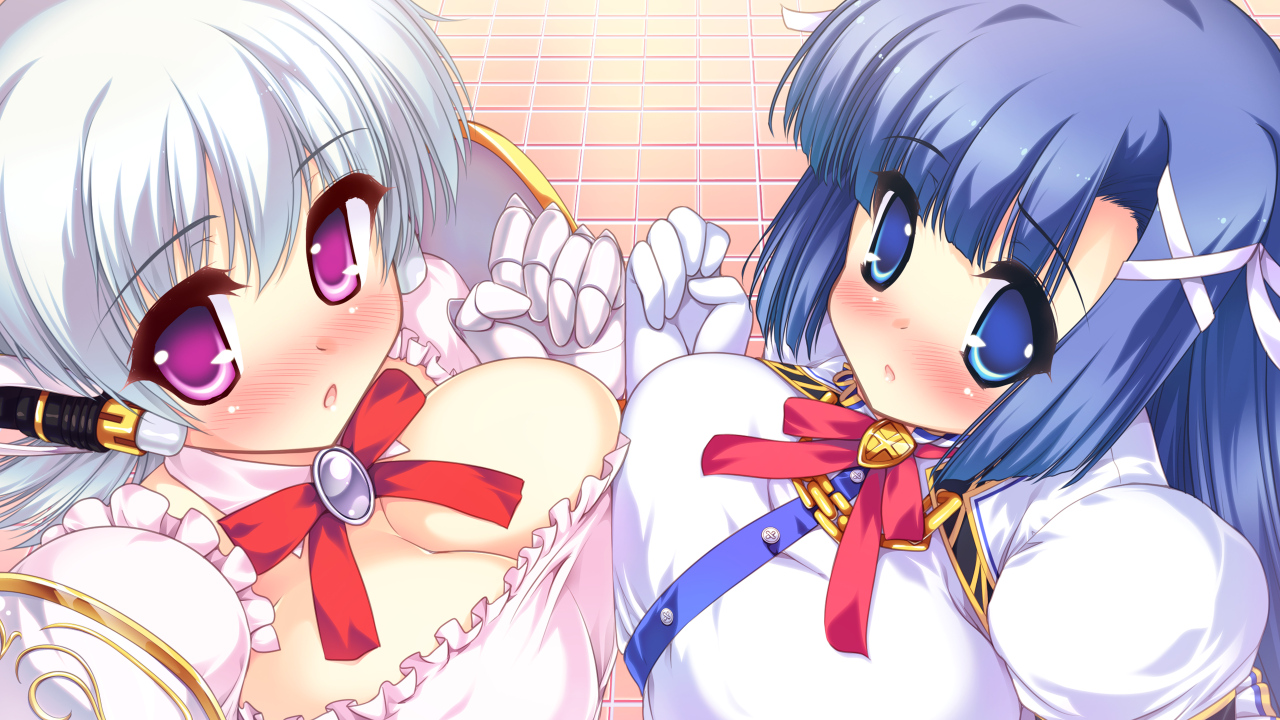 2girls, arusu_makina, blue_eyes, blue_hair, blush, breasts, cleavage, colorful_cure