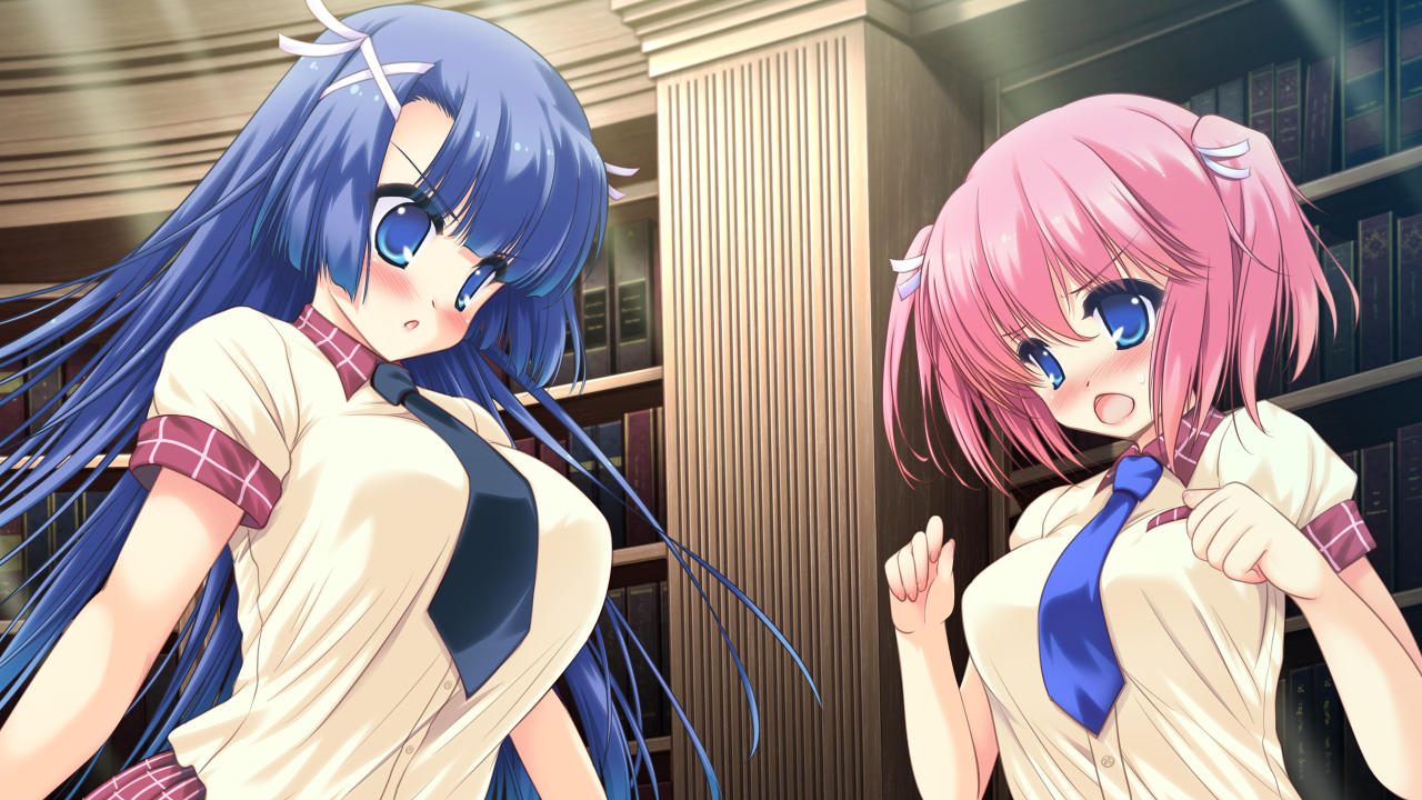 2girls, blue_eyes, blue_hair, blush, breasts, colorful_cure, etoiles, game_cg
