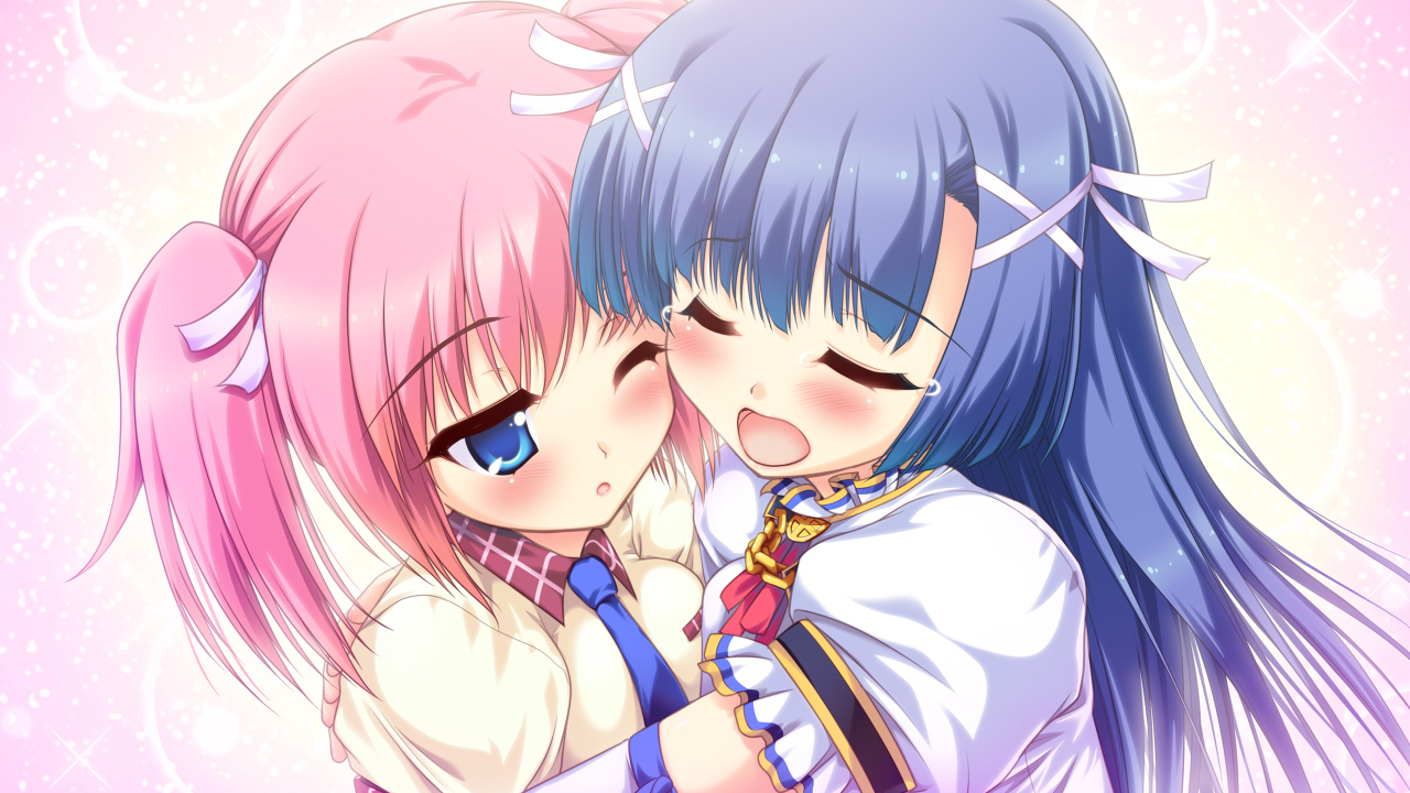 2girls, blue_eyes, blue_hair, blush, colorful_cure, etoiles, game_cg, hug, long_hair, moric, pink_hair, sakuramiya_aoi, sakuranomiya_nonoka, school_uniform, short_hair, tears, tie, wink
