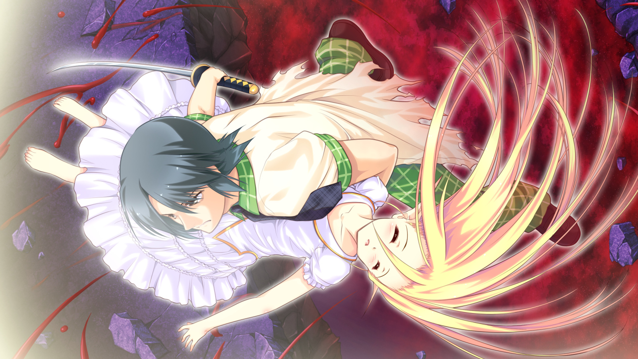 black_hair, blonde_hair, blood, colorful_cure, dress, etoiles, game_cg, katana