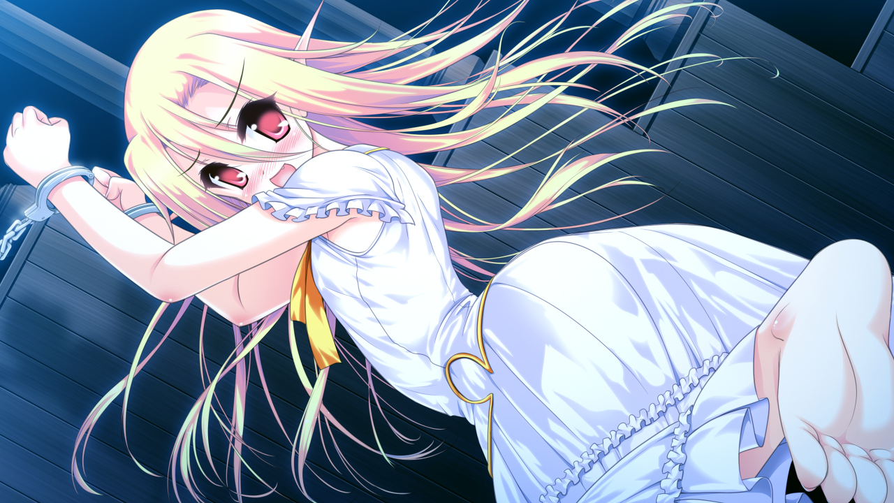 barefoot, blonde_hair, blush, bondage, chain, colorful_cure, dress, etoiles