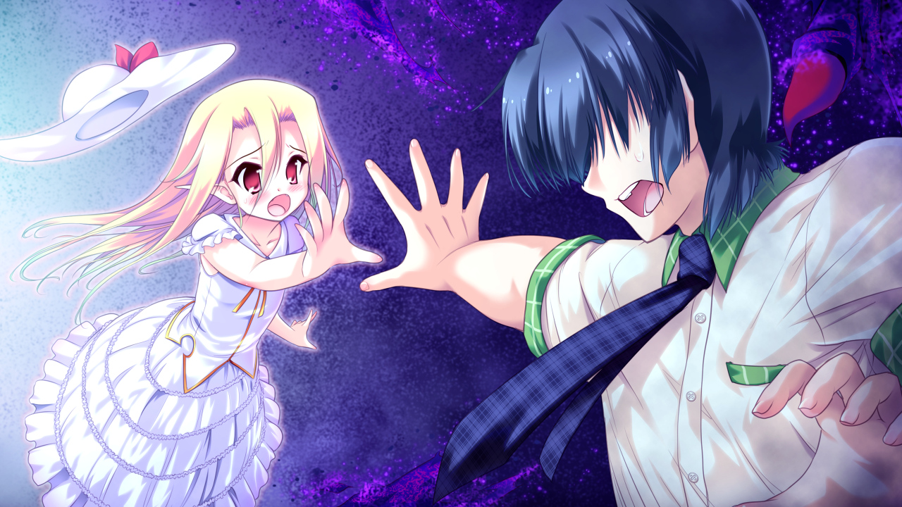 black_hair, blonde_hair, blush, colorful_cure, dress, etoiles, game_cg, hat