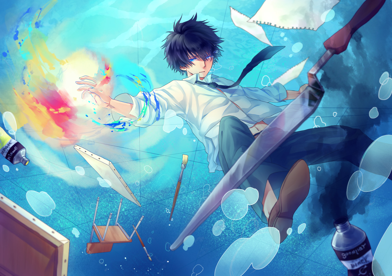 all_male, blue_eyes, blue_hair, koyami_tsukito, male, original, tie, underwater