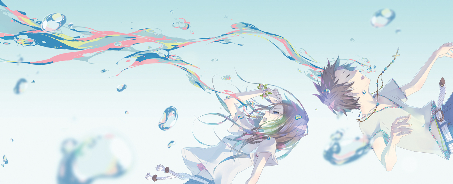 brown_hair, bubbles, flowers, monq, necklace, original, underwater, water