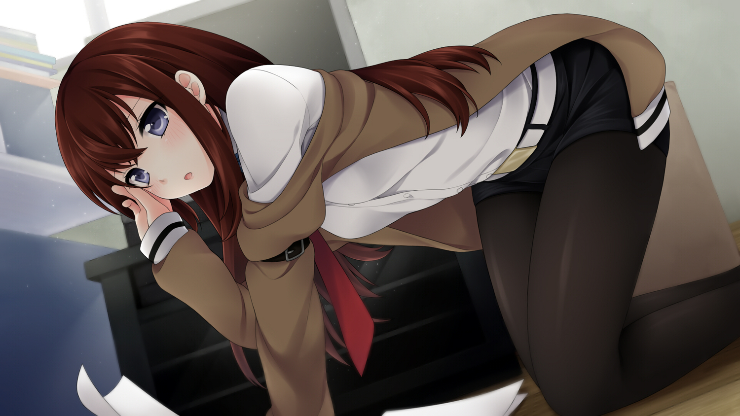 blue_eyes, blush, brown_hair, etou_(cherry7), long_hair, makise_kurisu, pantyhose, shorts, steins;gate