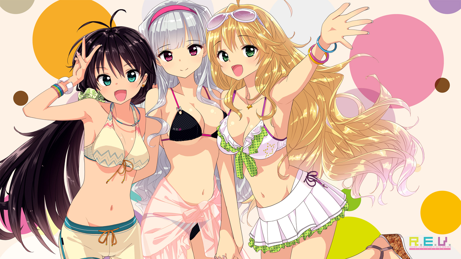 bikini, ganaha_hibiki, glasses, hoshii_miki, idolmaster, shijou_takane, swimsuit, tsukigami_runa
