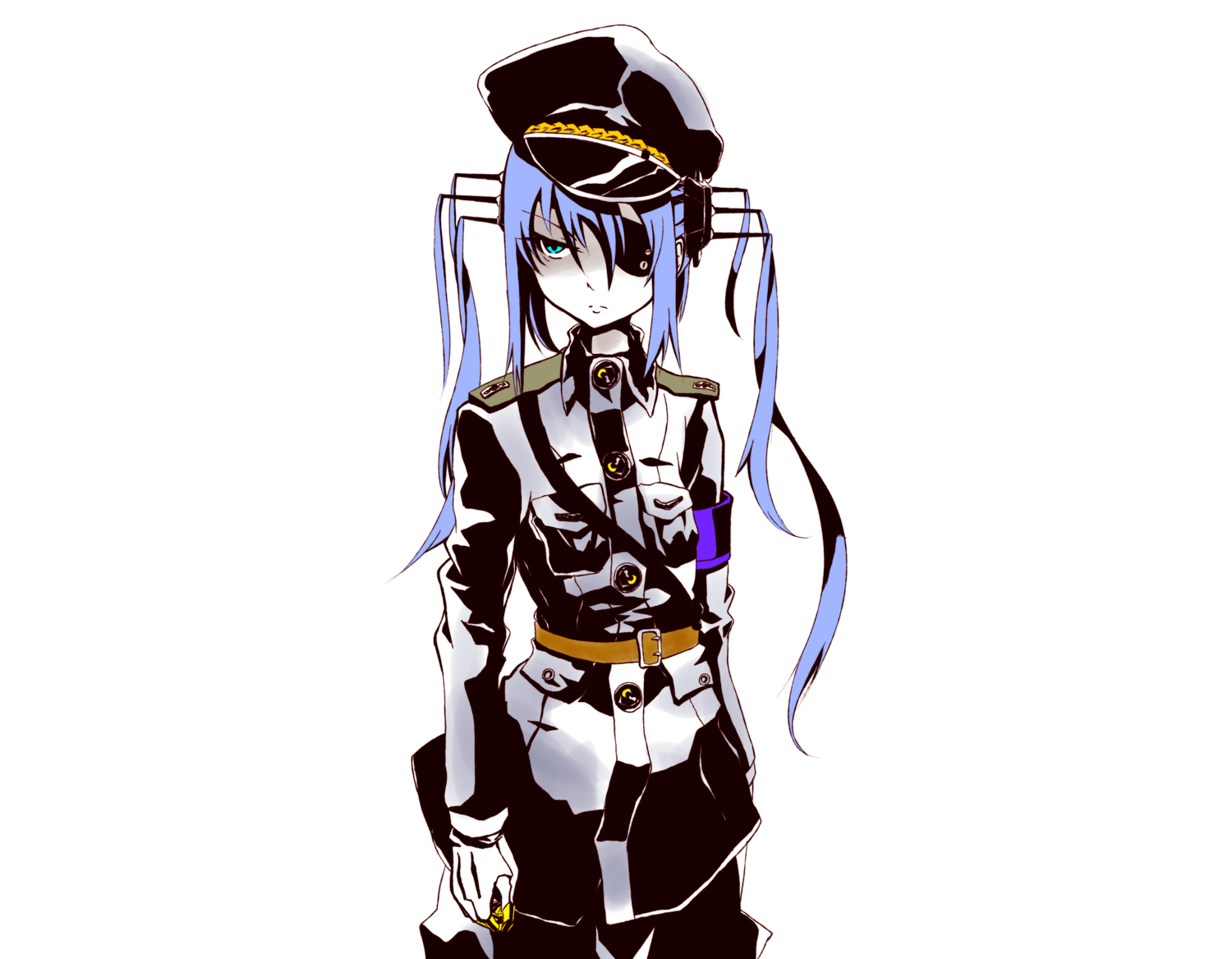 blue_eyes, blue_hair, eyepatch, gloves, hat, musupon214, original, uniform, white