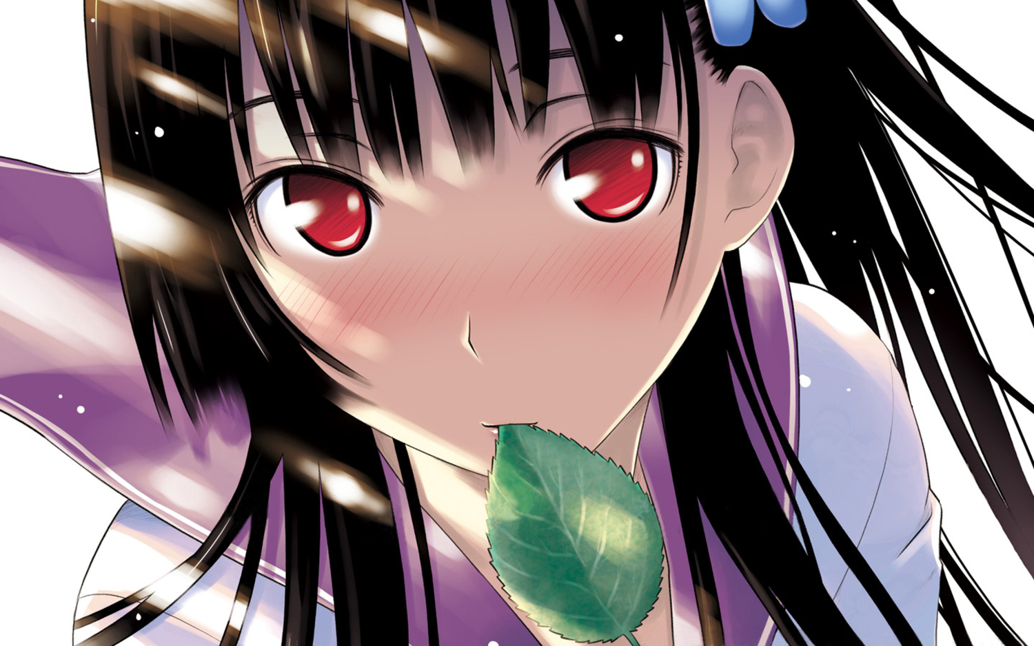 black_hair, blush, close, hattori_mitsuru, leaves, long_hair, red_eyes, sankarea